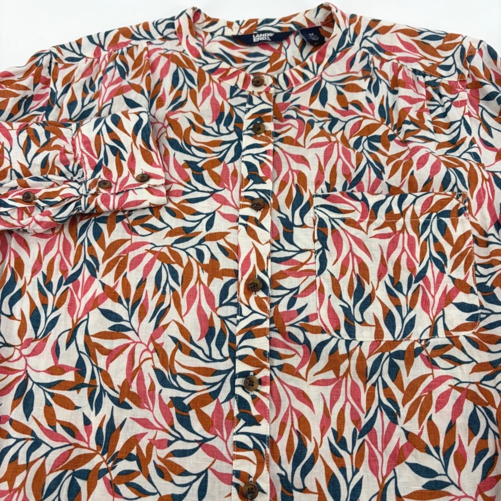 Lands End Womens 100% Linen Band Collar Leaf Print Lg Sleeve Tunic Shirt M 10-12 - Picture 4 of 10